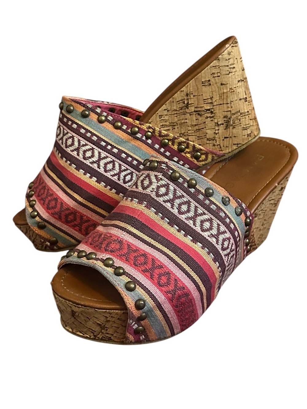 Y2K Rampage Canvas Cork Wedge Sandals Boho Slide Platform Peep Toe Studded 7.5